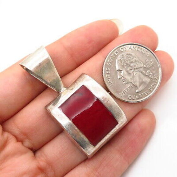 925 Sterling Silver Vintage Mexico Red Enamel Slide Pendant